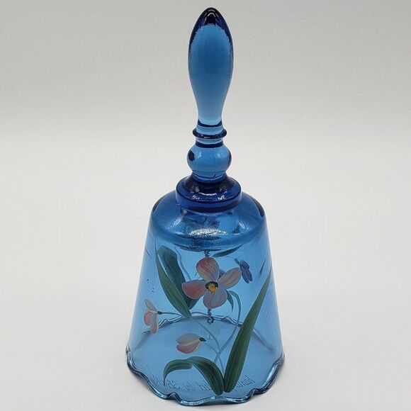 Fenton Signed Hand Painted Blue Floral Art Glass Bell - Picture 10 of 12